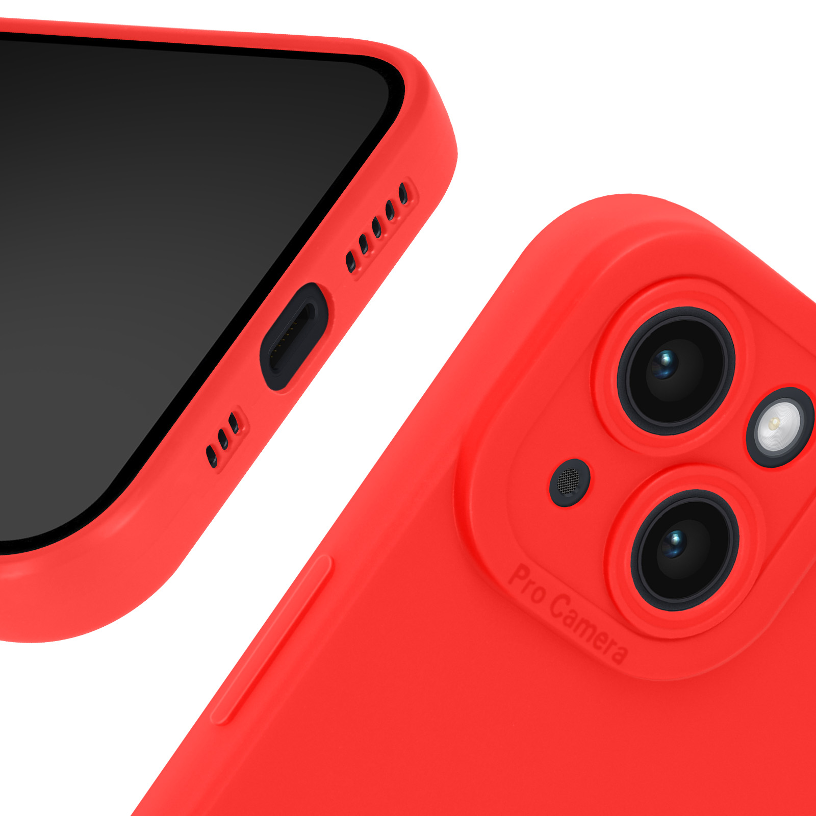 Primo piano di una custodia per telefono rossa con il testo Pro Camera e uno schermo nero.