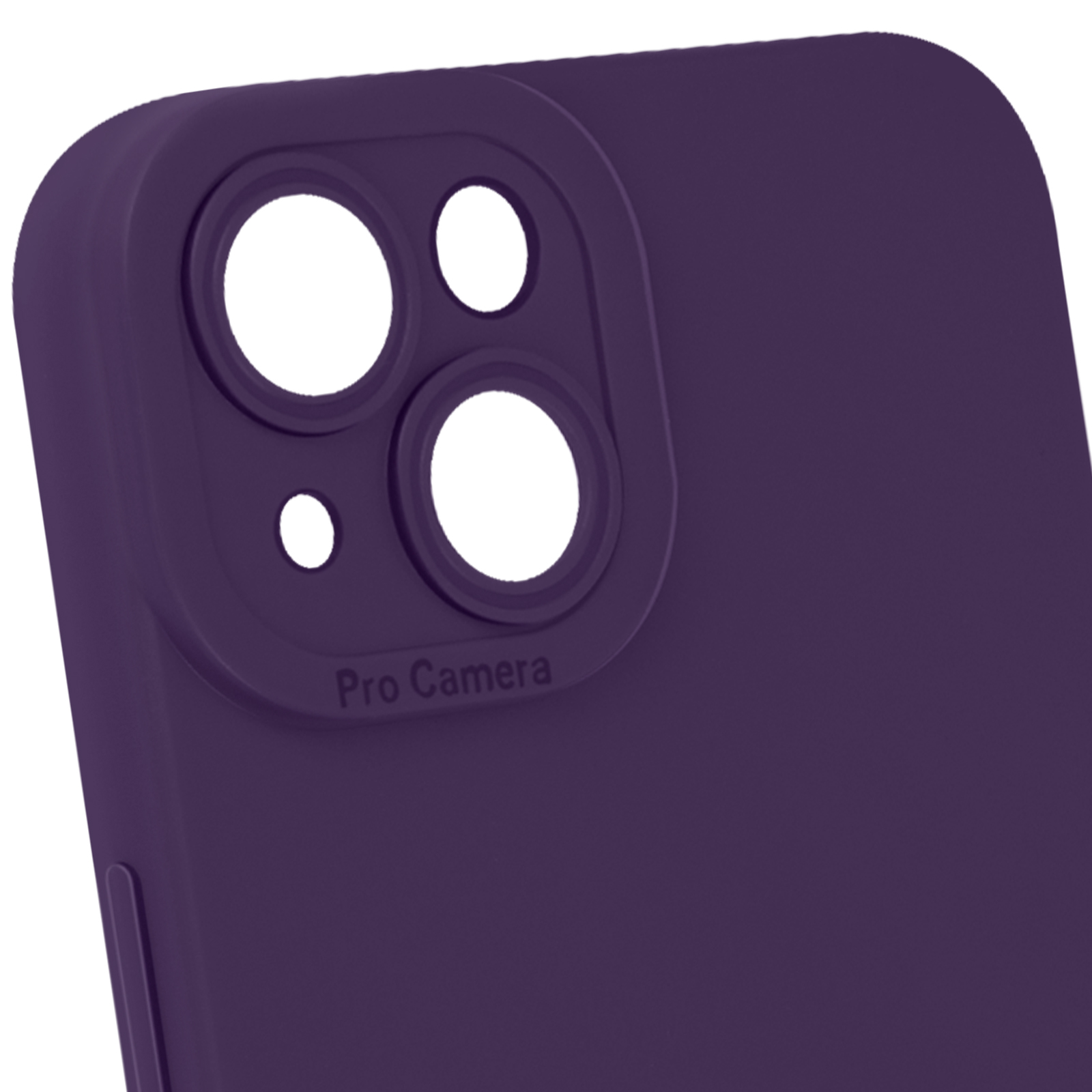Una custodia per telefono viola con ritagli per tripla fotocamera. La custodia ha una finitura opaca.
