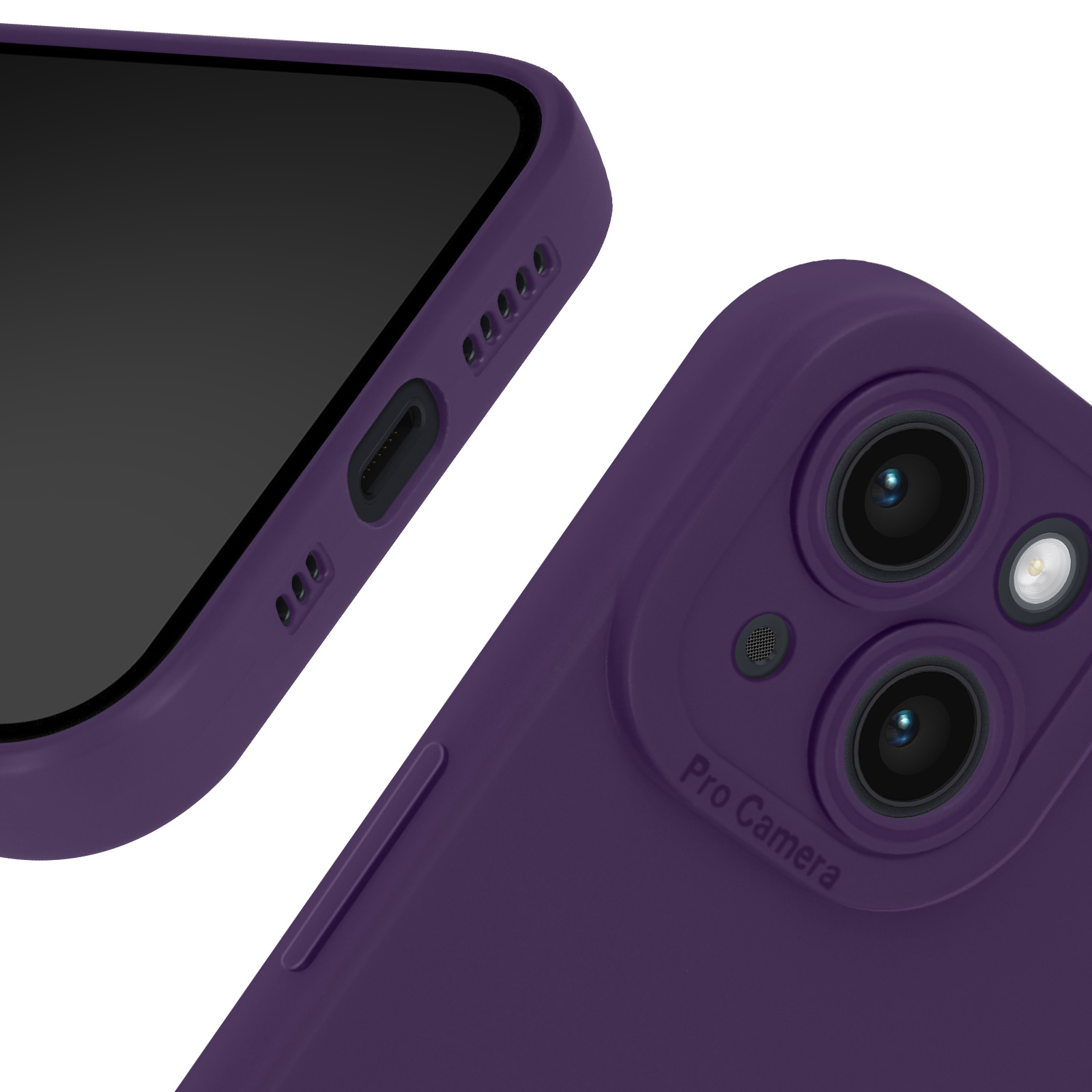 Custodia viola per telefono con parte del telefono, lenti della fotocamera e flash.