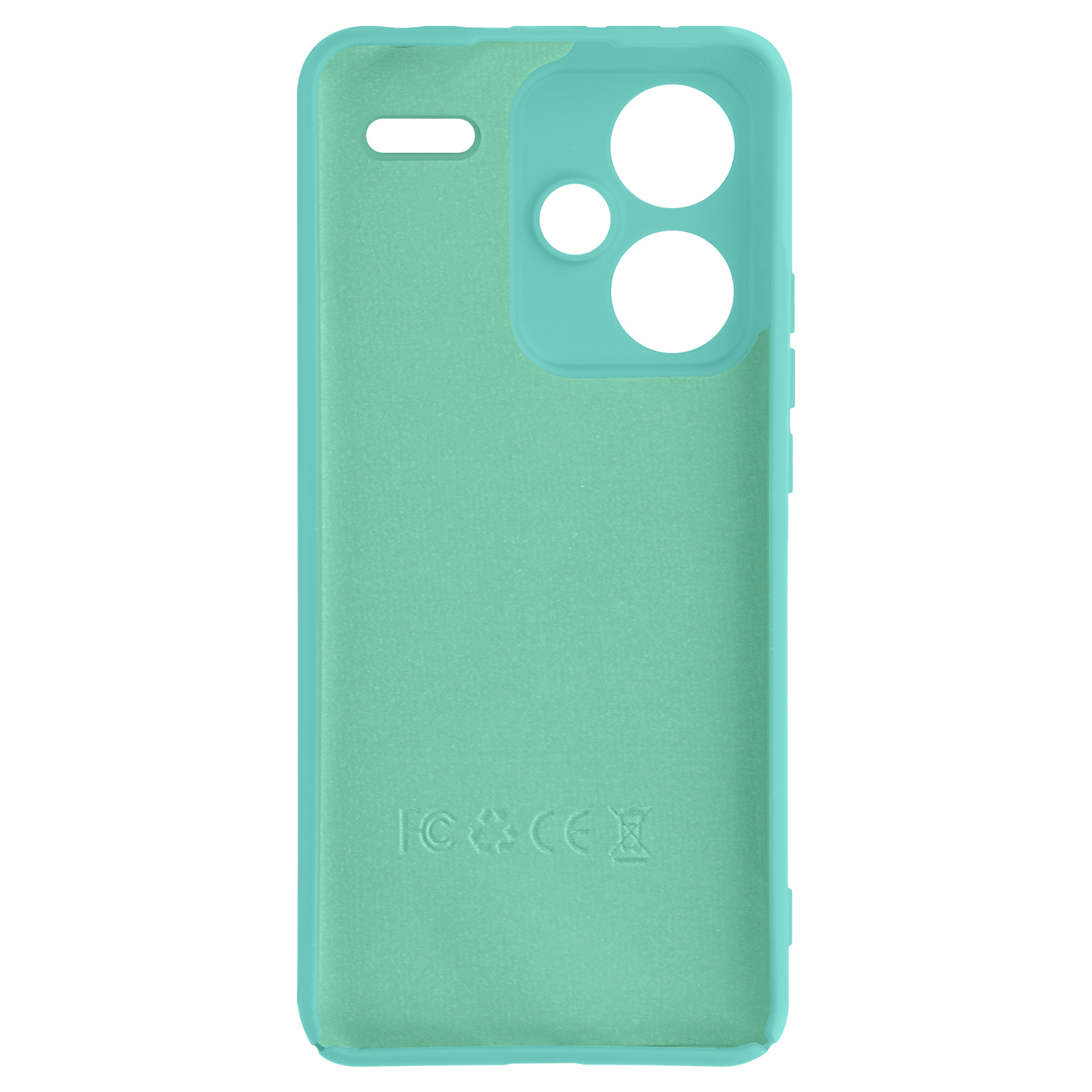 Custodia per telefono color turchese. I fori della fotocamera e la parte inferiore hanno il logo del marchio.