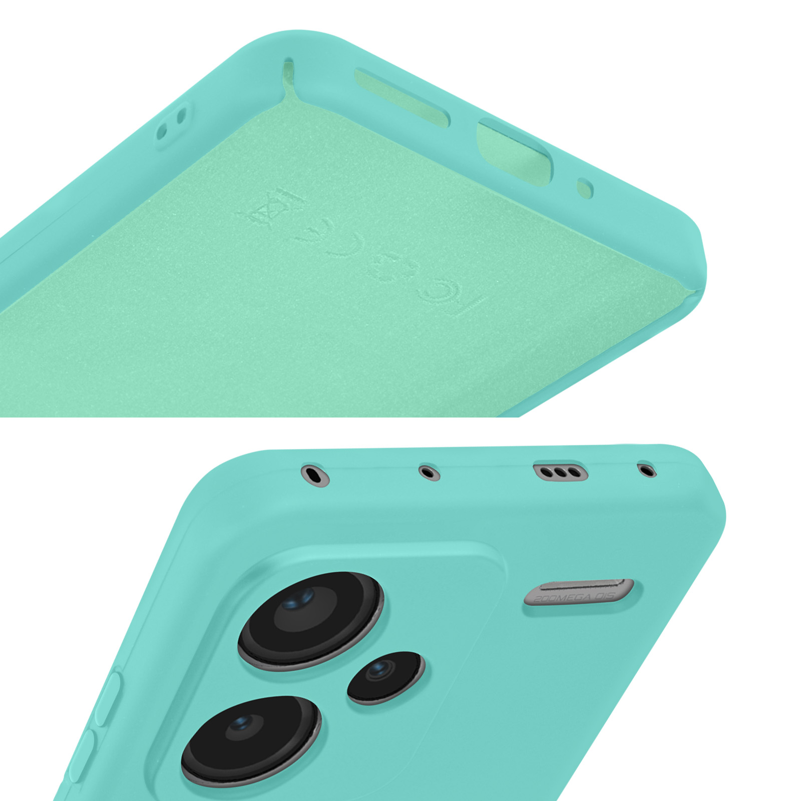 Una custodia per telefono azzurra con interno verde chiaro. Include fori per fotocamera e altoparlante.