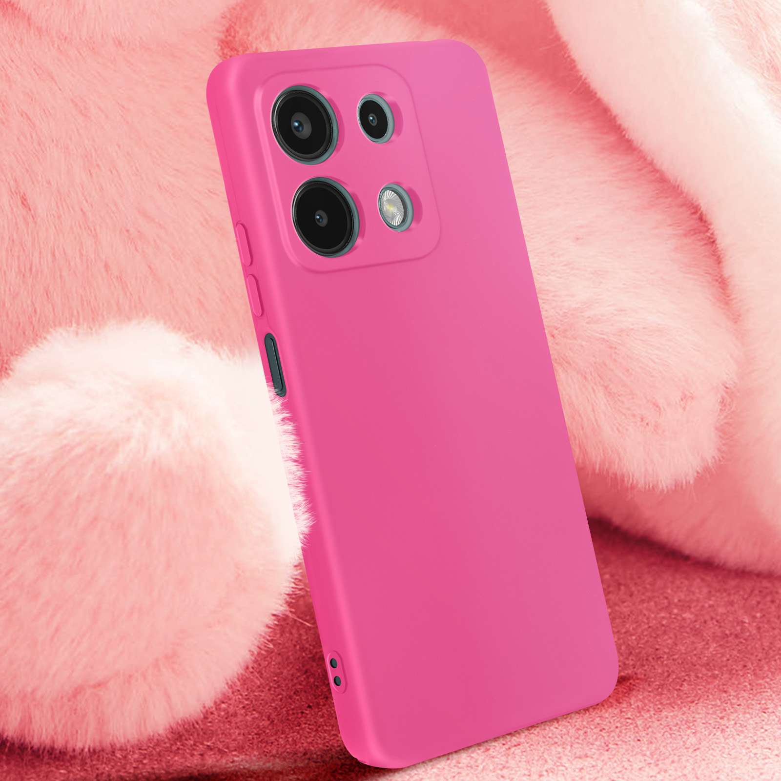 Custodia rosa su superficie pelosa rosa, leggermente angolata, che mostra il telefono.