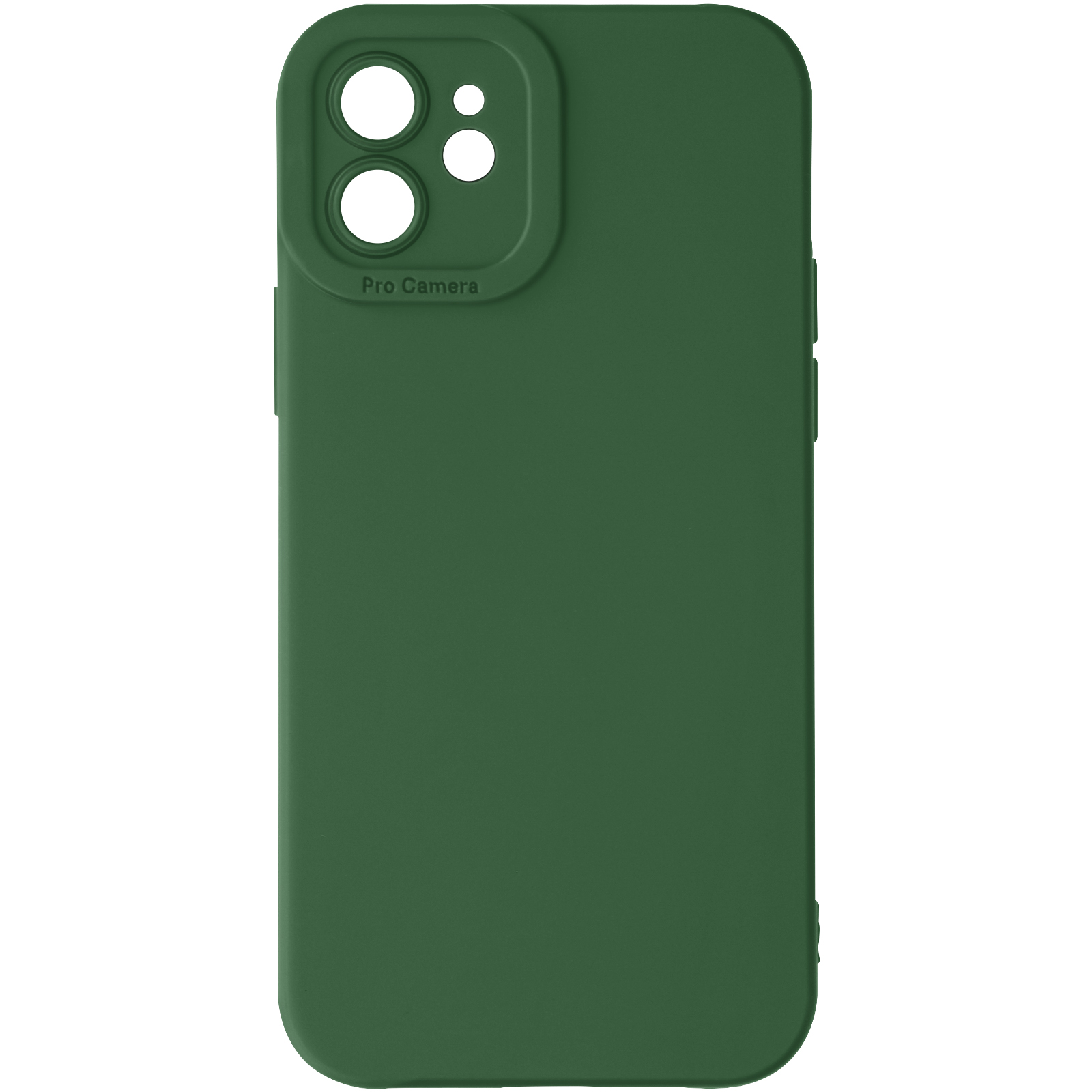 Custodia verde per telefono. Ritaglio fotocamera visibile. Tinta unita verde. Sfondo bianco.