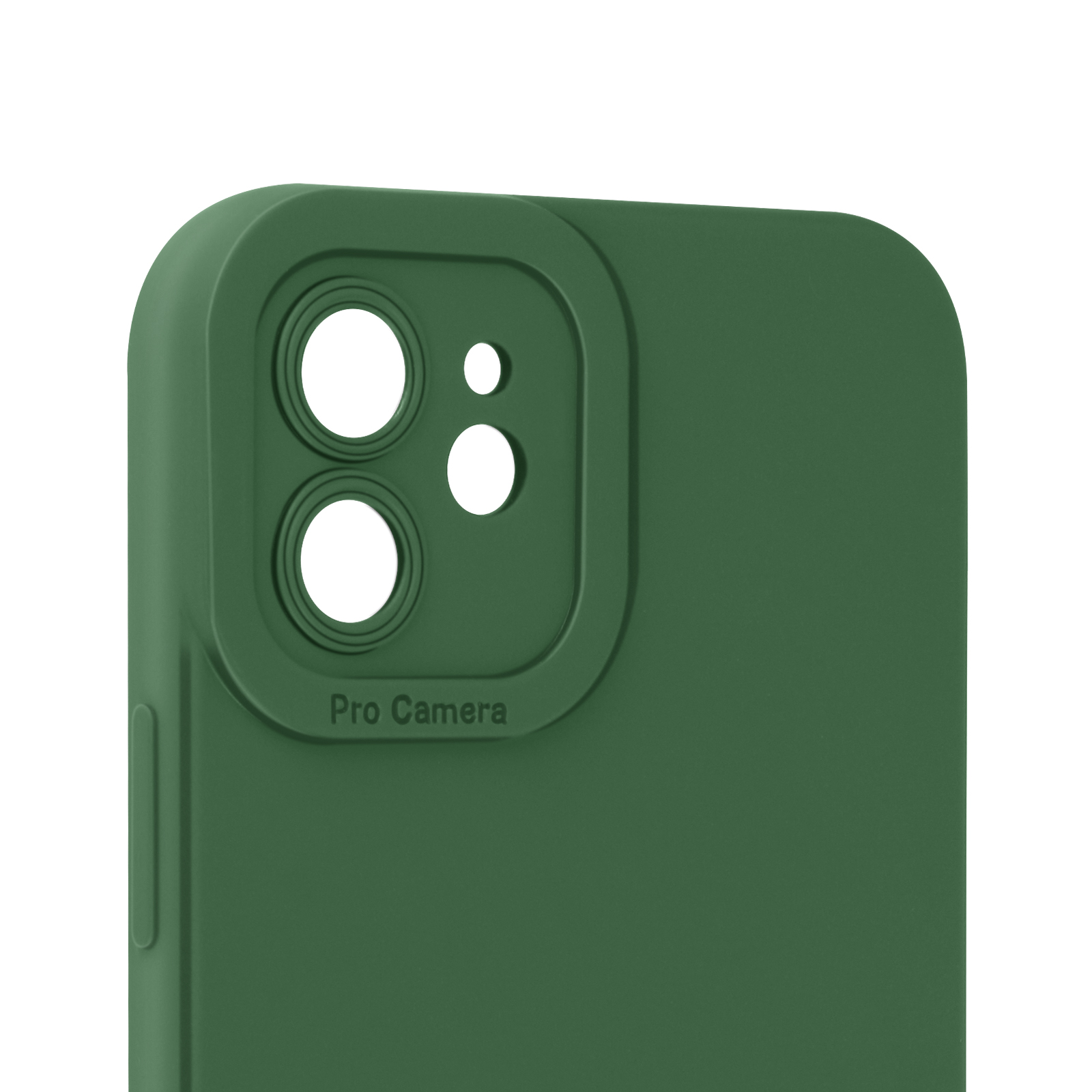 Primo piano di una custodia verde con fori per la fotocamera e 'Pro Camera'.