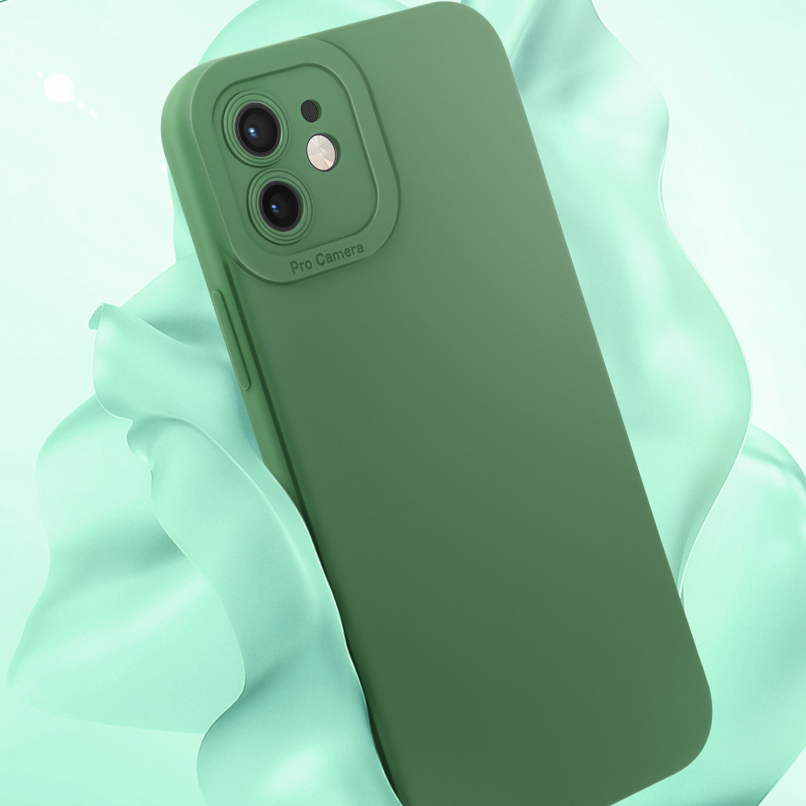 Custodia verde per telefono con due obiettivi, su sfondo in tessuto verde, che mostra il retro.