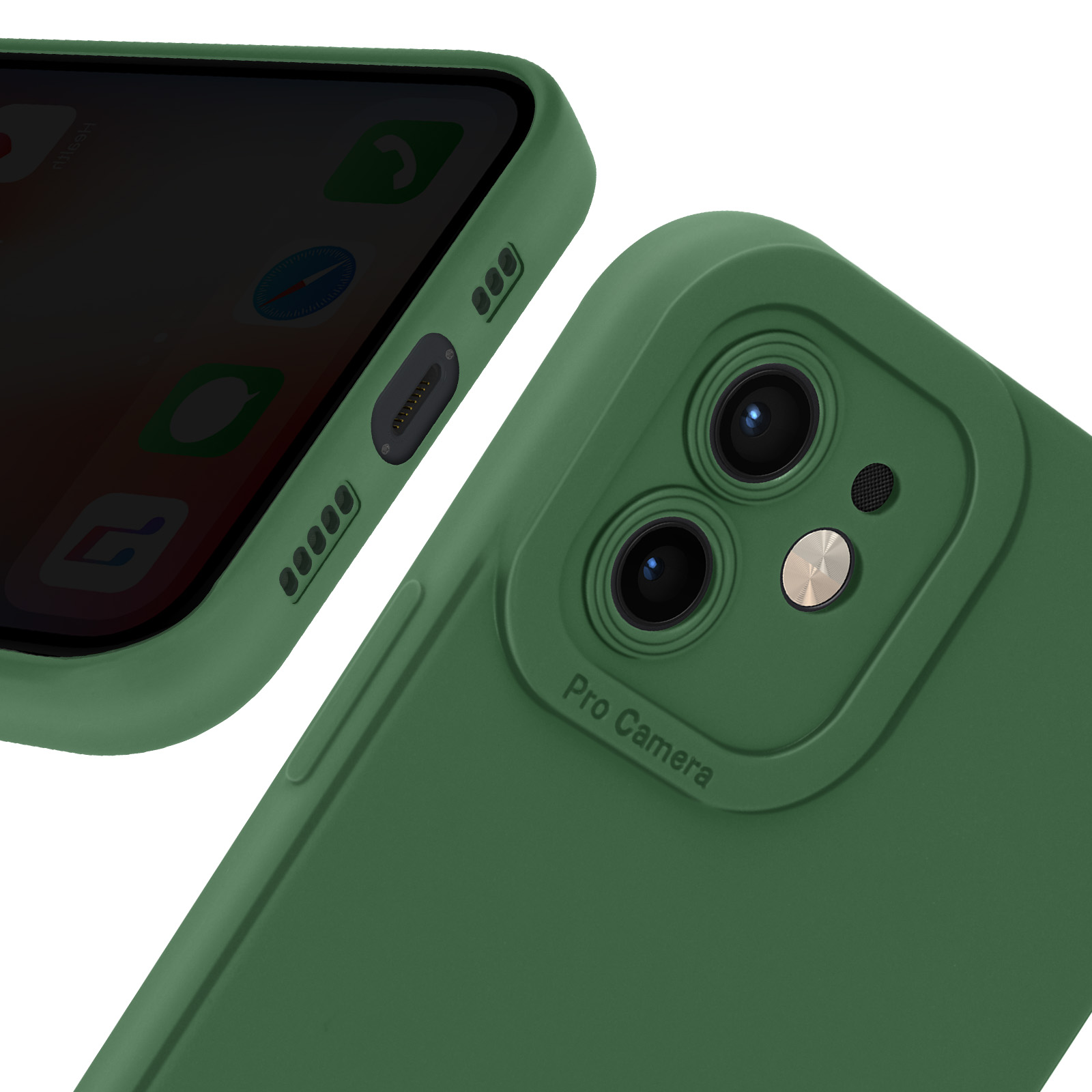 Custodia verde per telefono, dettaglio fotocamera. Testo Pro Camera, vista ravvicinata.
