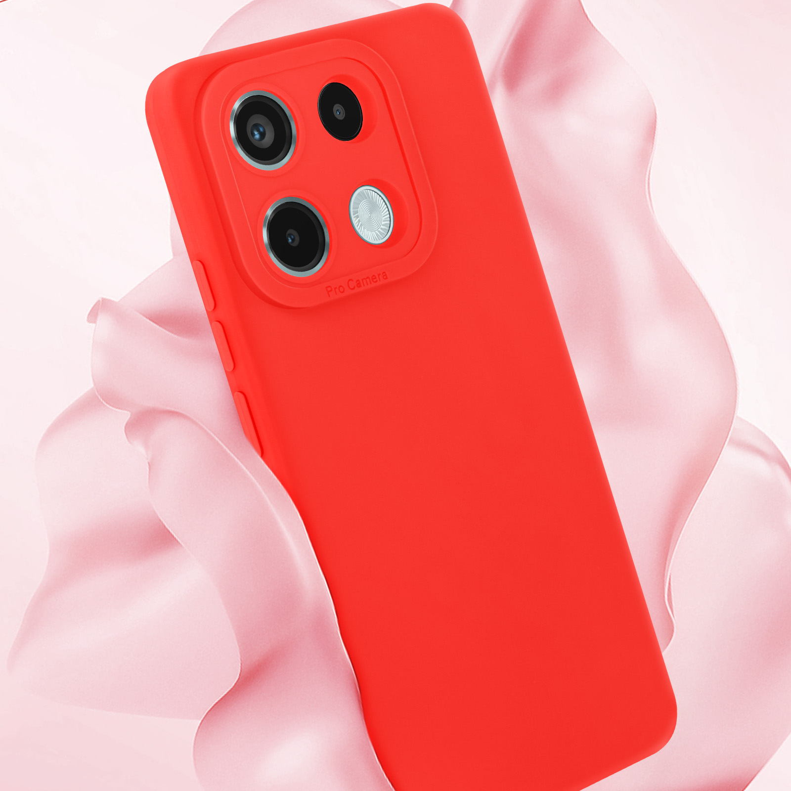 Une coque de téléphone rouge avec une bosse de caméra surélevée et trois lentilles de caméra.