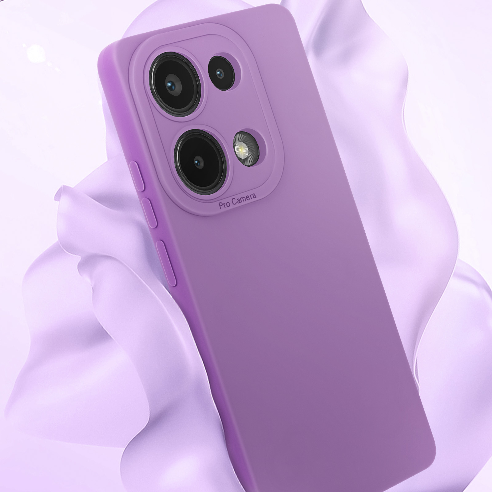 Custodia per telefono viola con ritagli per fotocamera, su tessuto viola. La custodia dice 'Pro Camera'.