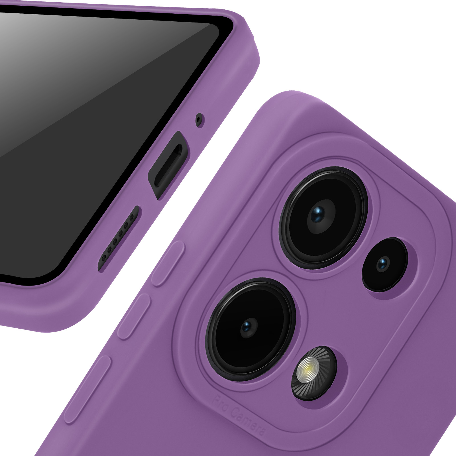 Custodia viola per telefono, primo piano. Mostra le lenti della fotocamera e il bordo del telefono, con schermo nero.