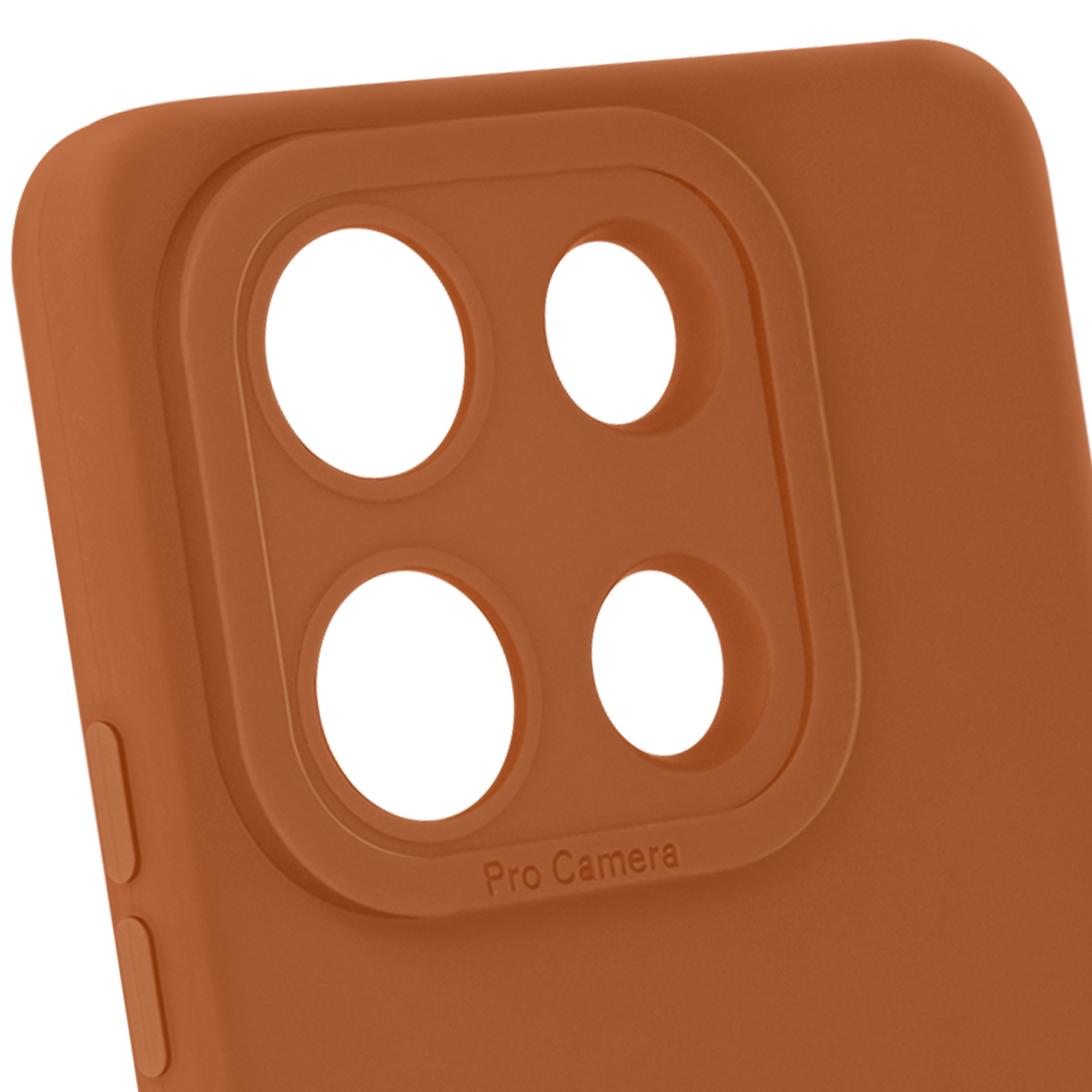 Custodia marrone per telefono con ritagli per fotocamera. La custodia ha quattro cerchi per gli obiettivi della fotocamera. Sfondo bianco.