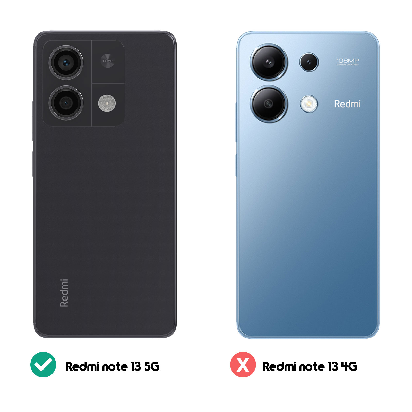 Due telefoni: Redmi Note 13 5G nero (spunta verde) e Redmi Note 13 4G blu (X rosso).
