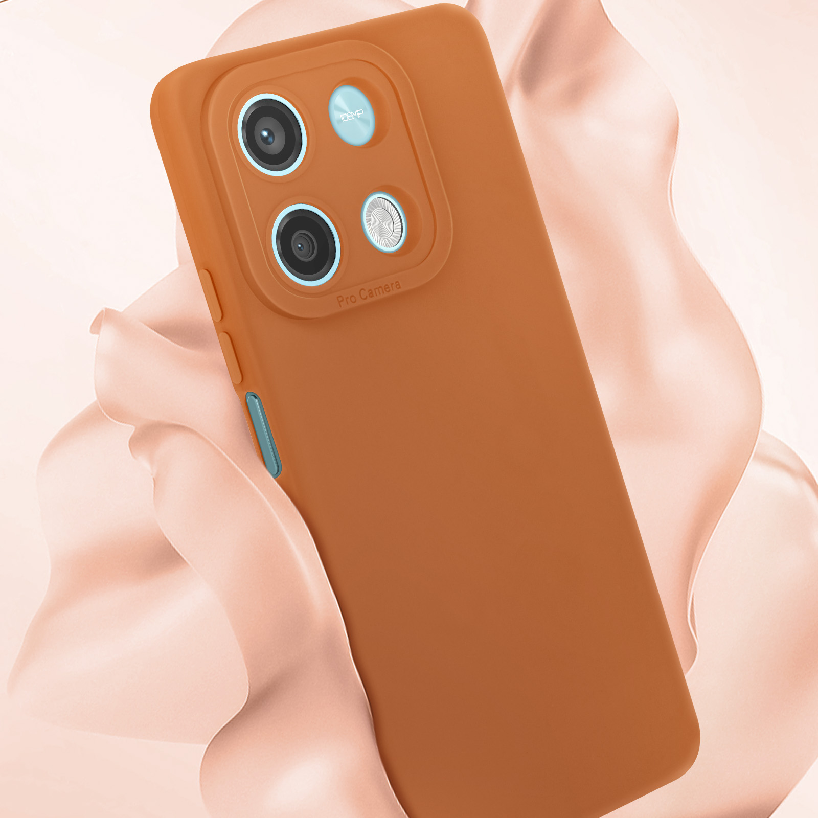 Custodia arancione per telefono con protuberanza fotocamera, su sfondo bianco fluido.