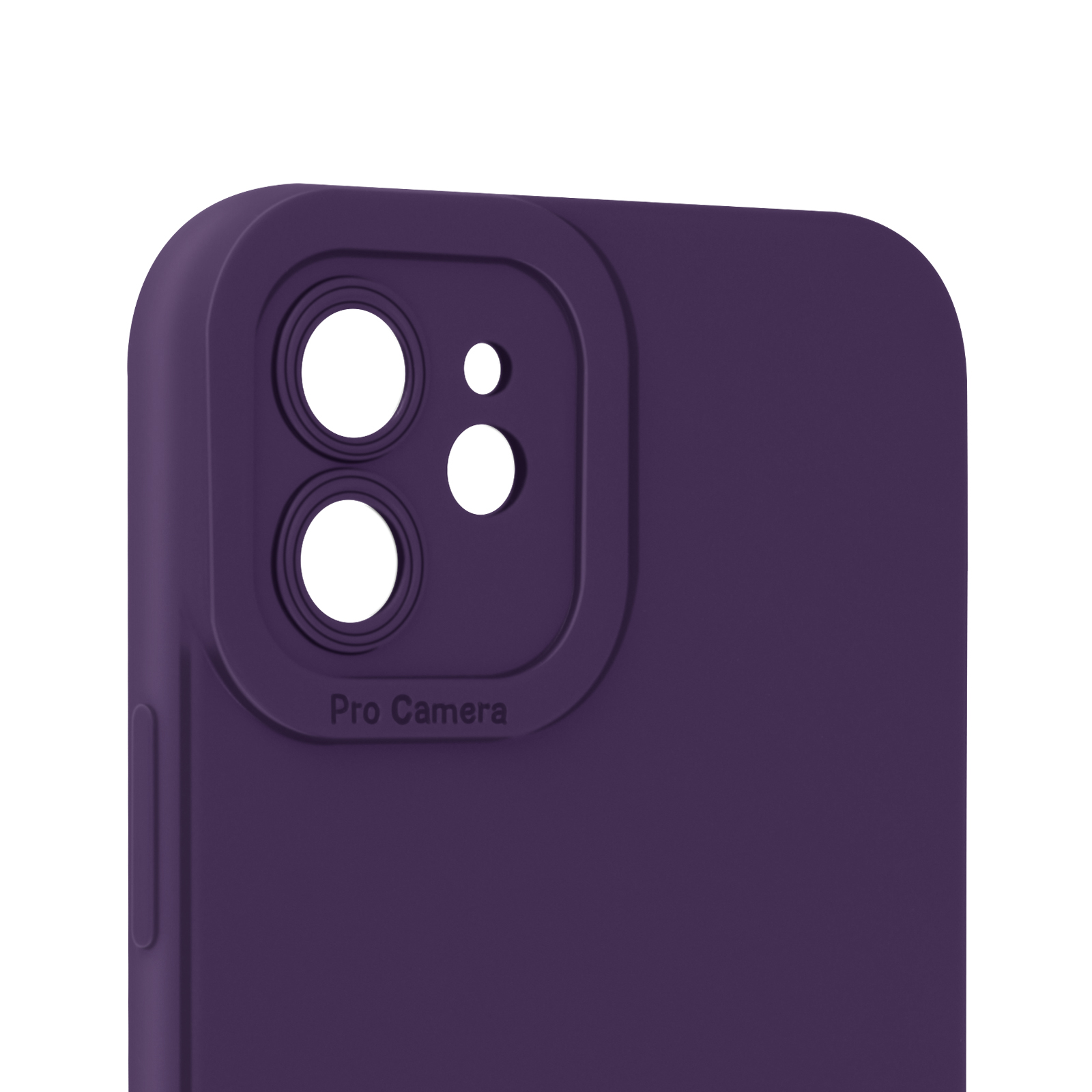Custodia viola per telefono con ritagli per la fotocamera. C'è scritto 'Pro Camera'.