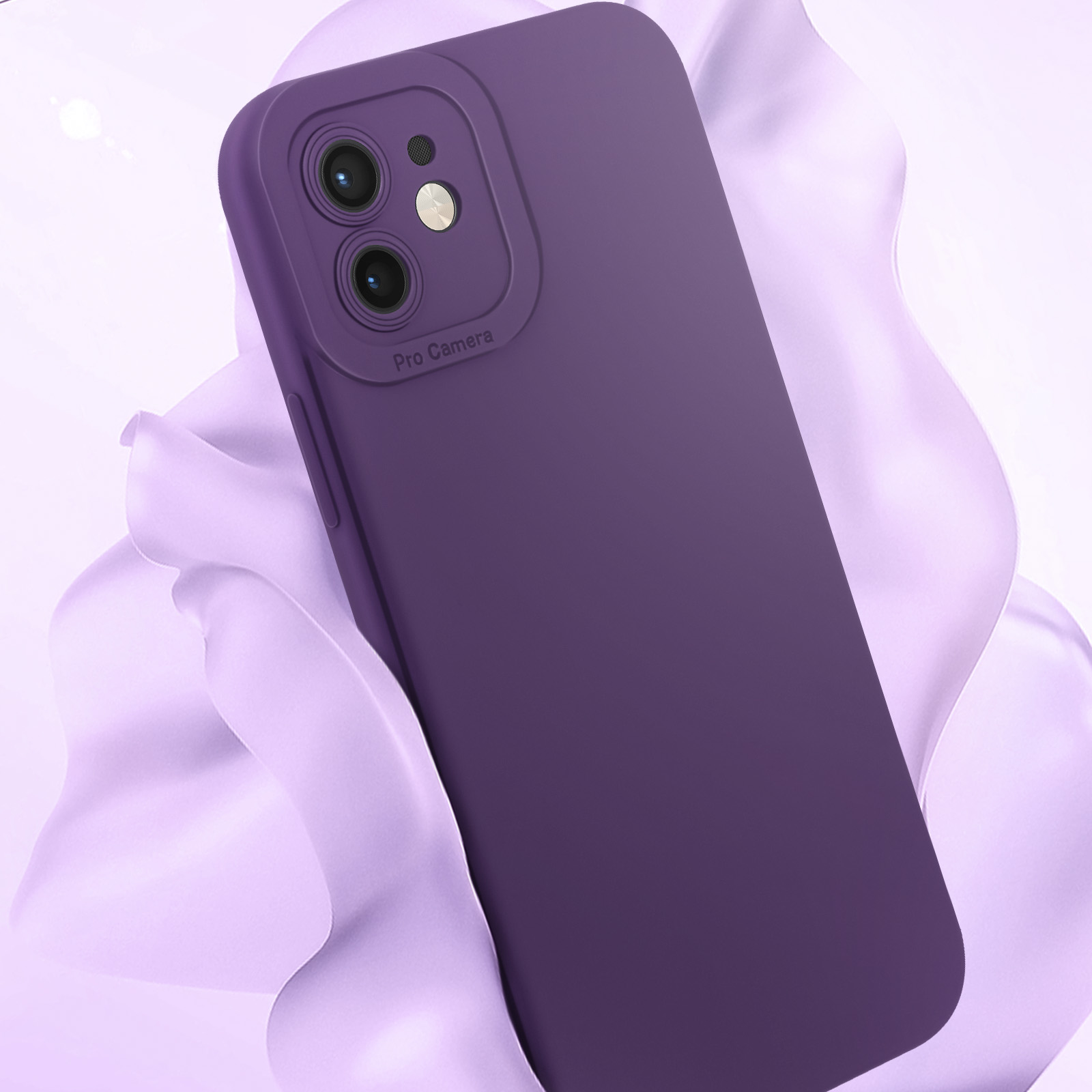 Custodia viola per telefono su uno sfondo con linee ondulate.