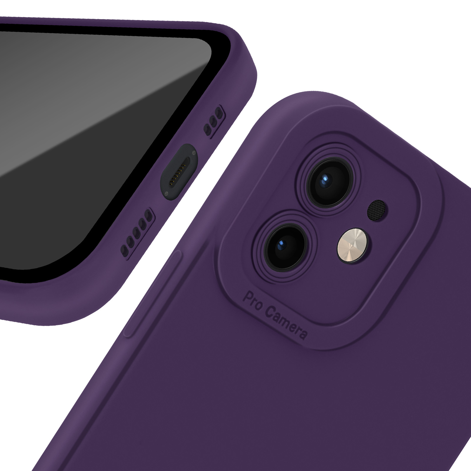 Telefono viola con dettaglio custodia. Parte del telefono a sinistra, fotocamera a destra.