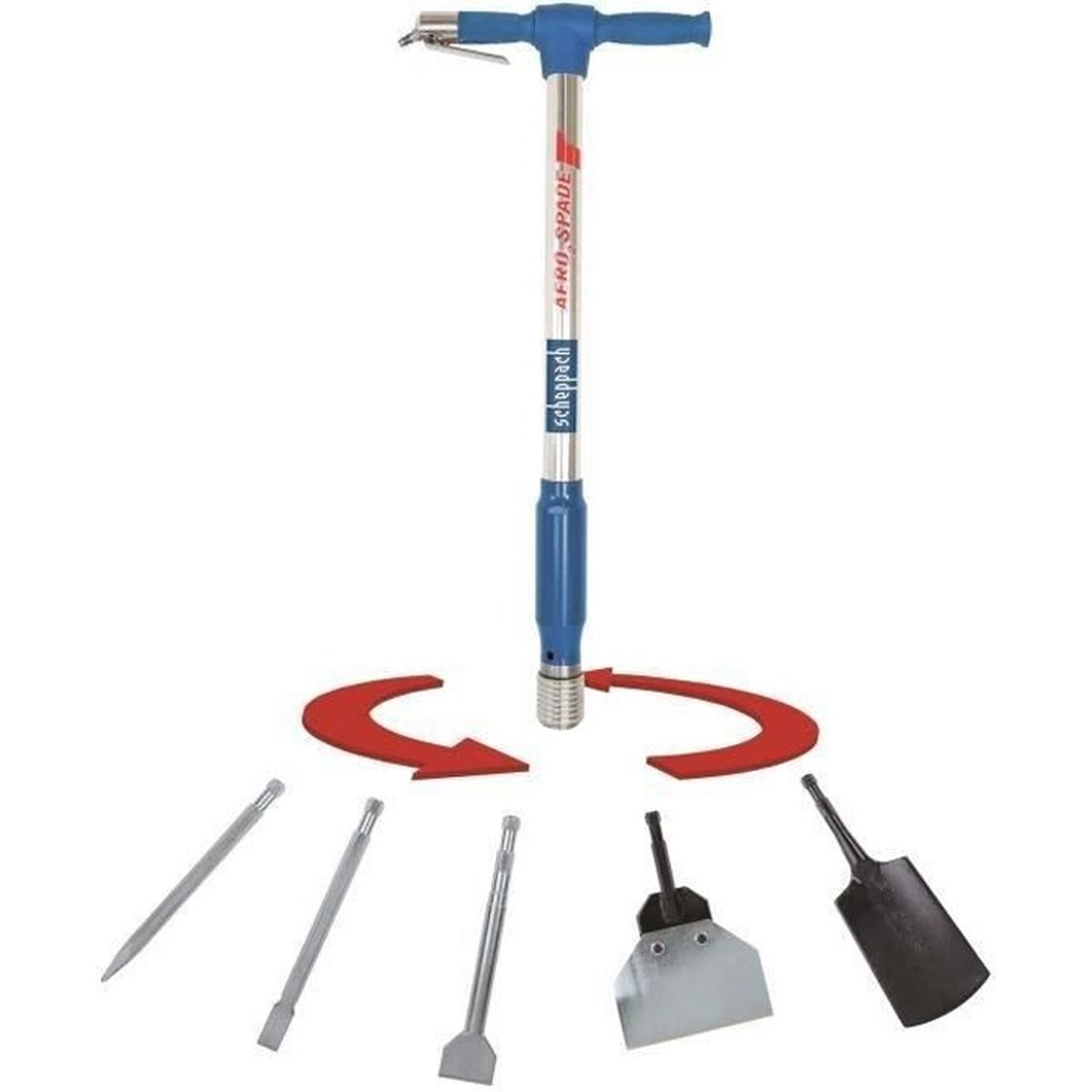 Blau-silberner Bohrhammer mit mehreren abnehmbaren Bits, auf weißem Hintergrund.