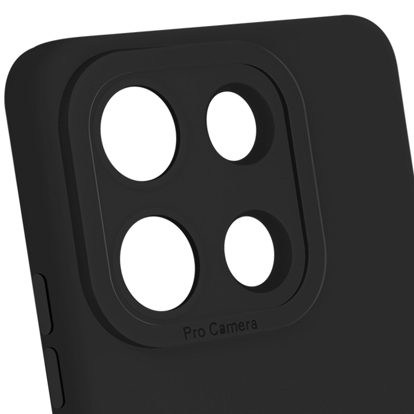Una custodia nera per telefono con quattro fori per lenti della fotocamera e la scritta 'Pro Camera'.