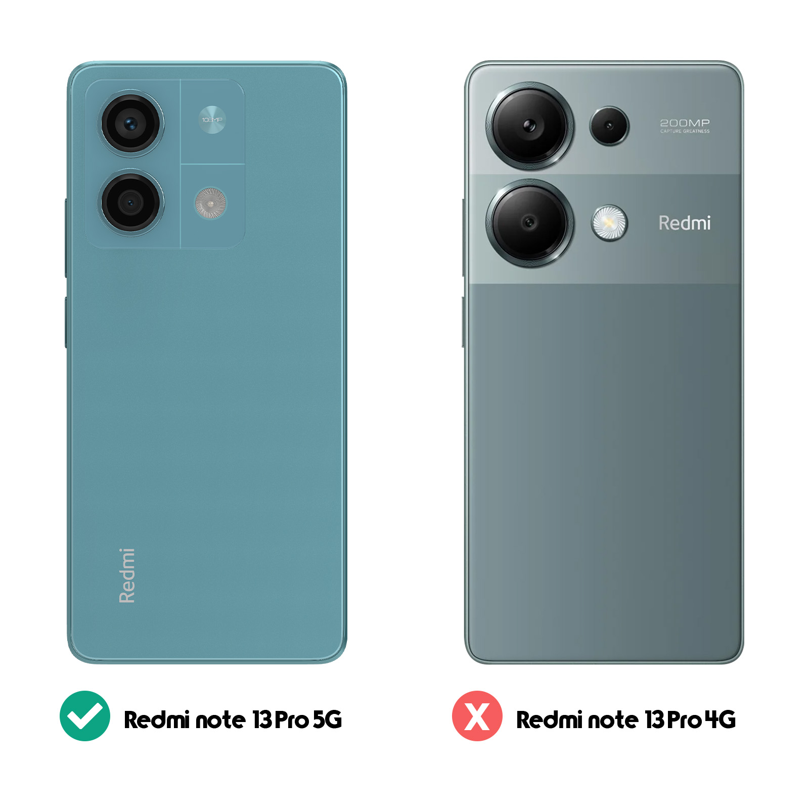 Confronto di due telefoni Redmi. Uno verde, uno grigio. Il testo indica modelli 5G vs 4G.