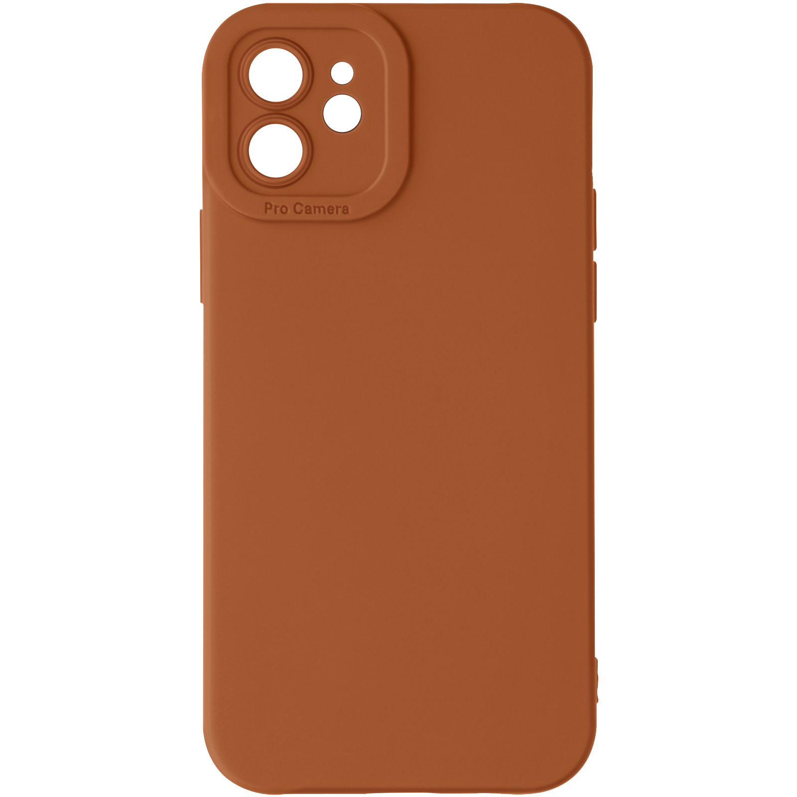 Custodia per telefono marrone con fori per la fotocamera, su sfondo bianco.