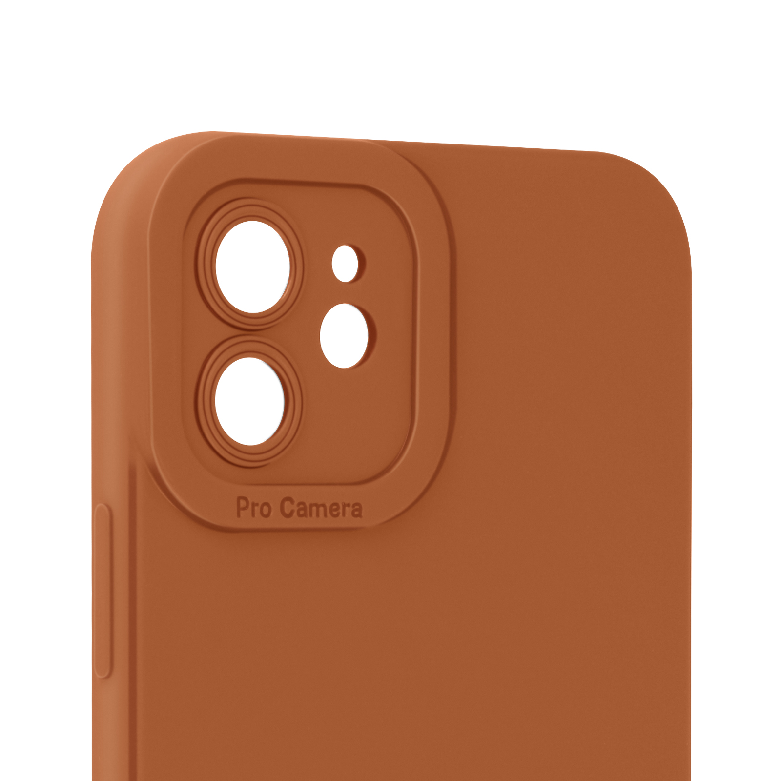Primo piano di una custodia marrone per telefono con ritaglio per fotocamera pro.