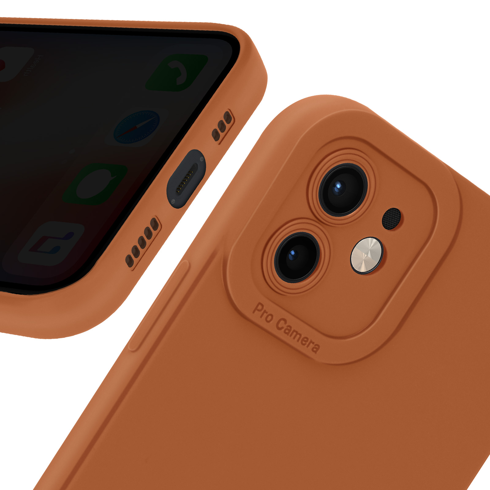 Custodia arancione per telefono. Quattro ritagli per fotocamera. Pro Camera scritto. Schermo del telefono visibile. Primo piano.