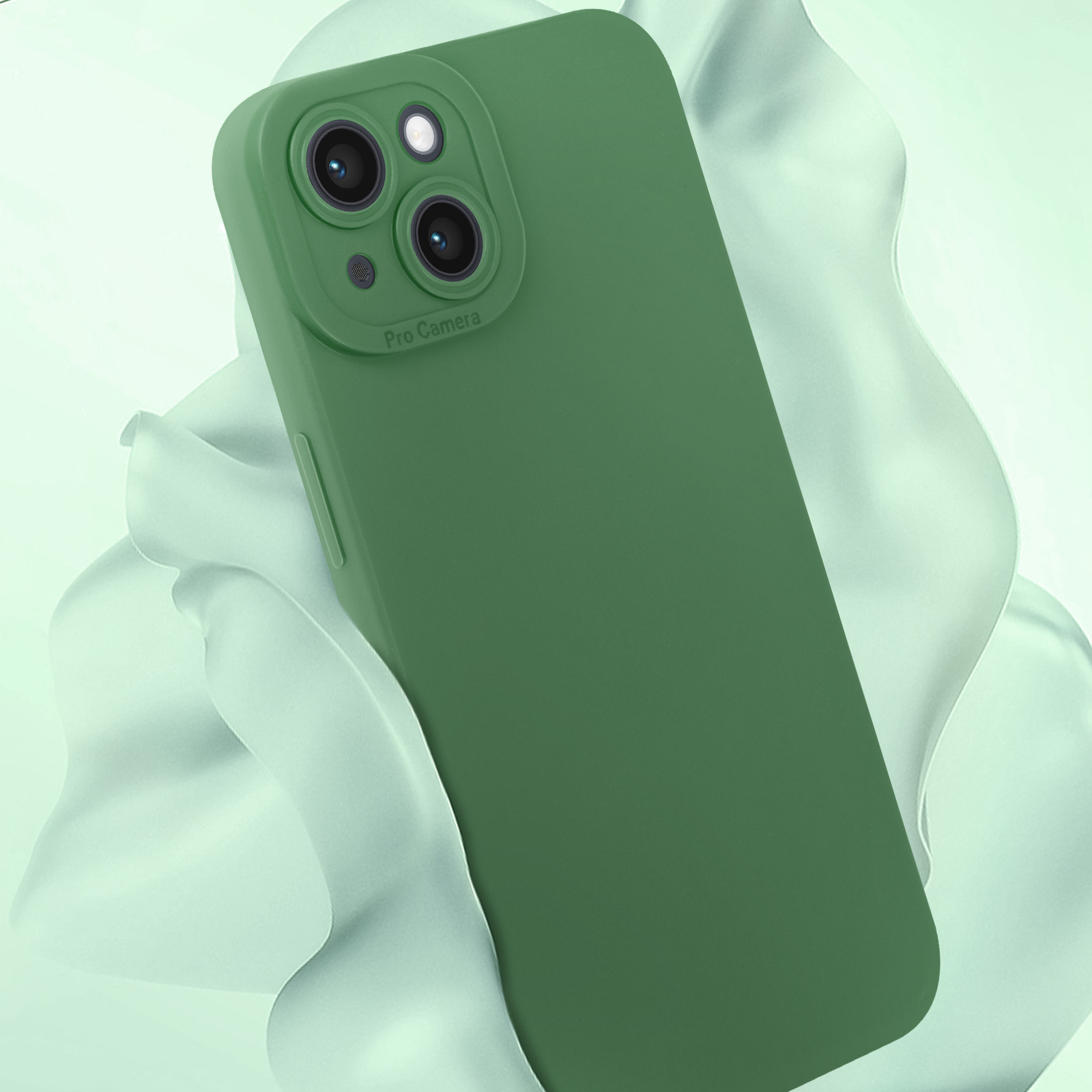 Custodia verde per telefono con ritagli per fotocamera, su sfondo ondulato bianco e verde.