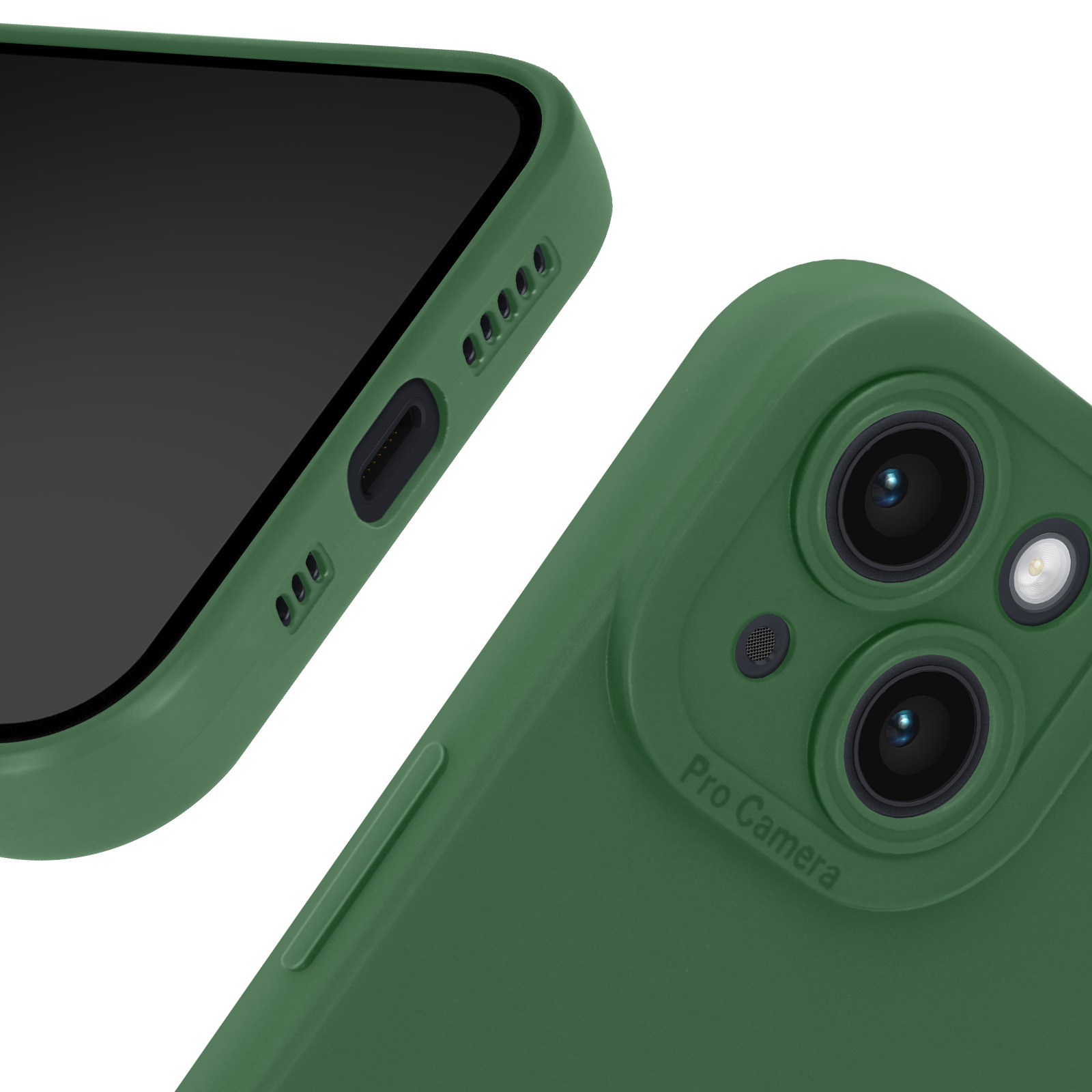 Un primo piano di una custodia per telefono verde con un rialzo per la fotocamera.