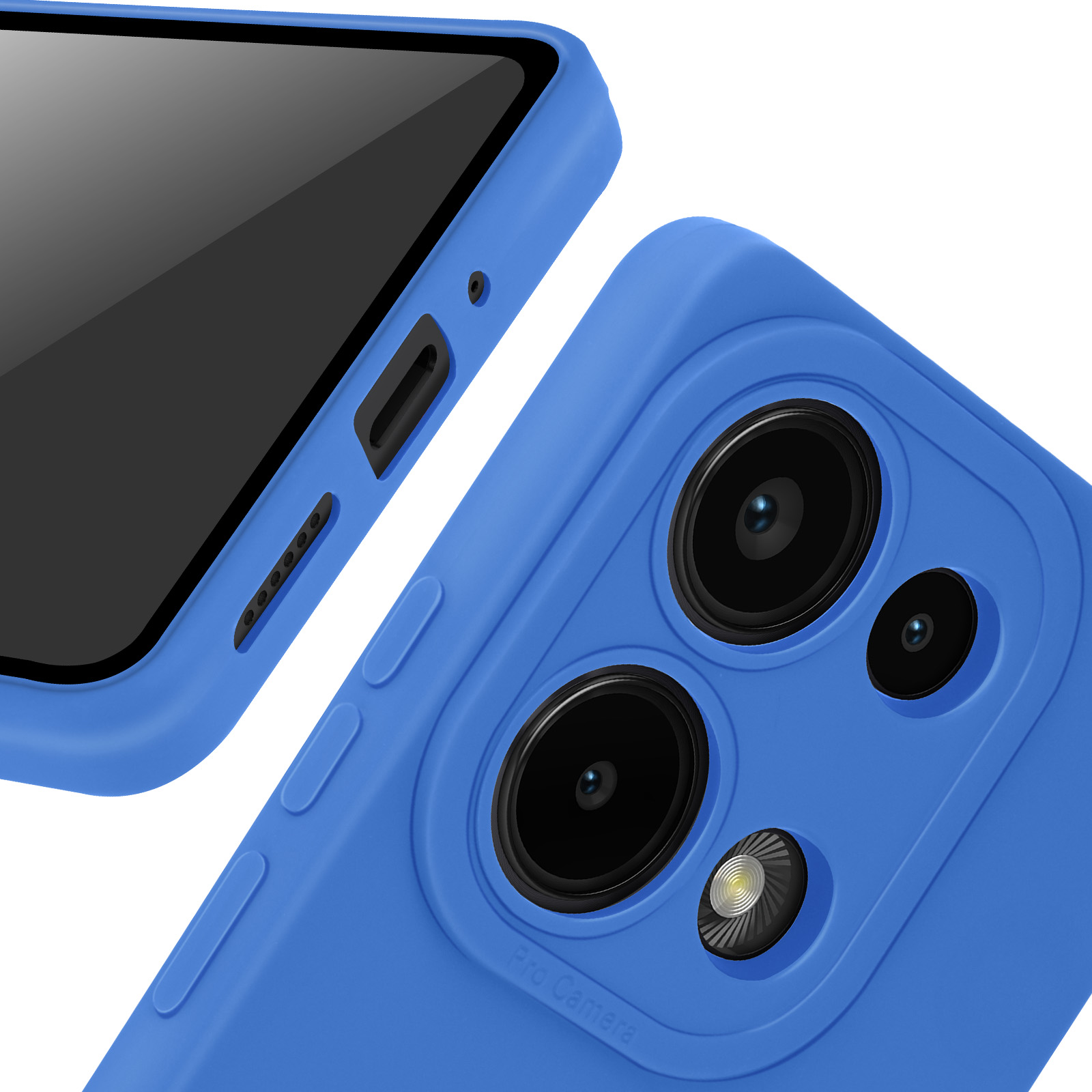 Primo piano di una custodia per telefono con lenti a tripla fotocamera e un flash.