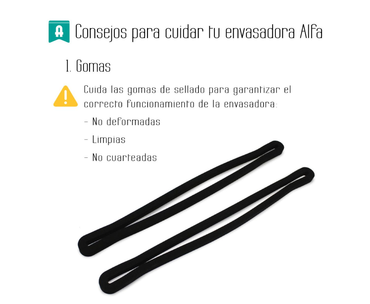 Bandas de goma negras sobre fondo blanco con texto sobre sellado.