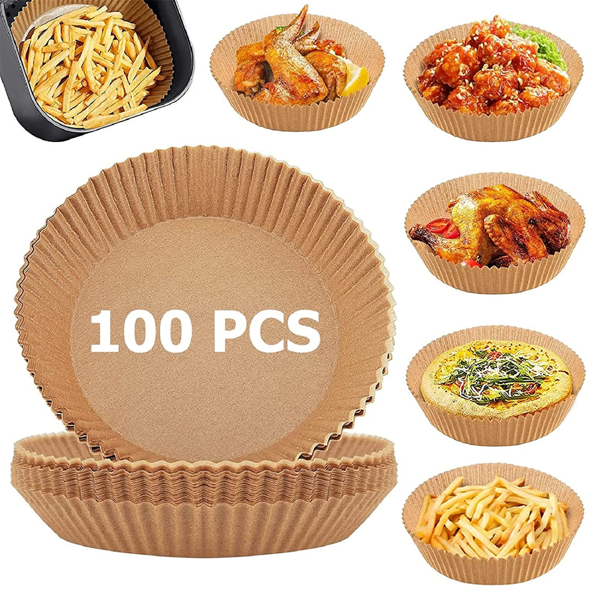 Papierauskleidungen für die Heißluftfritteuse, mit Pommes, Hähnchen und Pizza in runden Einsätzen.