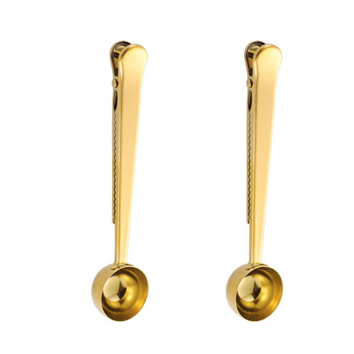 Zwei goldene Kaffeelöffel mit Griff und Clip.