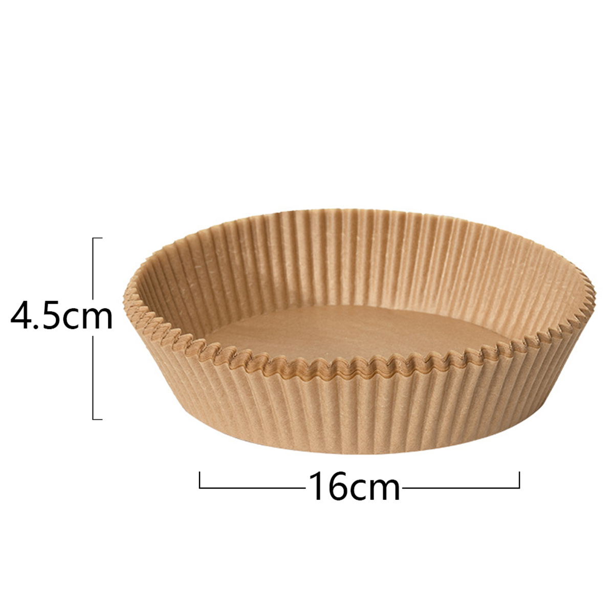 Eine braune Papier-Backform mit den Maßen 4,5 cm Höhe und 16 cm Durchmesser.