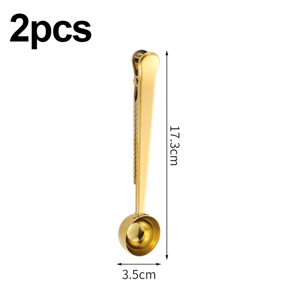 Ein goldener Messlöffel mit Clip. Die Abmessungen sind 17,3 cm x 3,5 cm. Text oben.