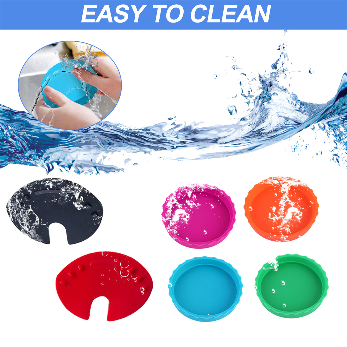 Bunte Abdeckungen mit einer blauen Hand, die eine blaue Abdeckung wäscht. Die Abdeckungen sind blau, rot, orange, pink und grün.