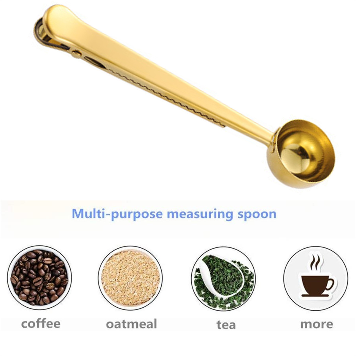 Goldener Messlöffel mit Clip, Icons für Kaffee, Haferflocken, Tee und mehr.