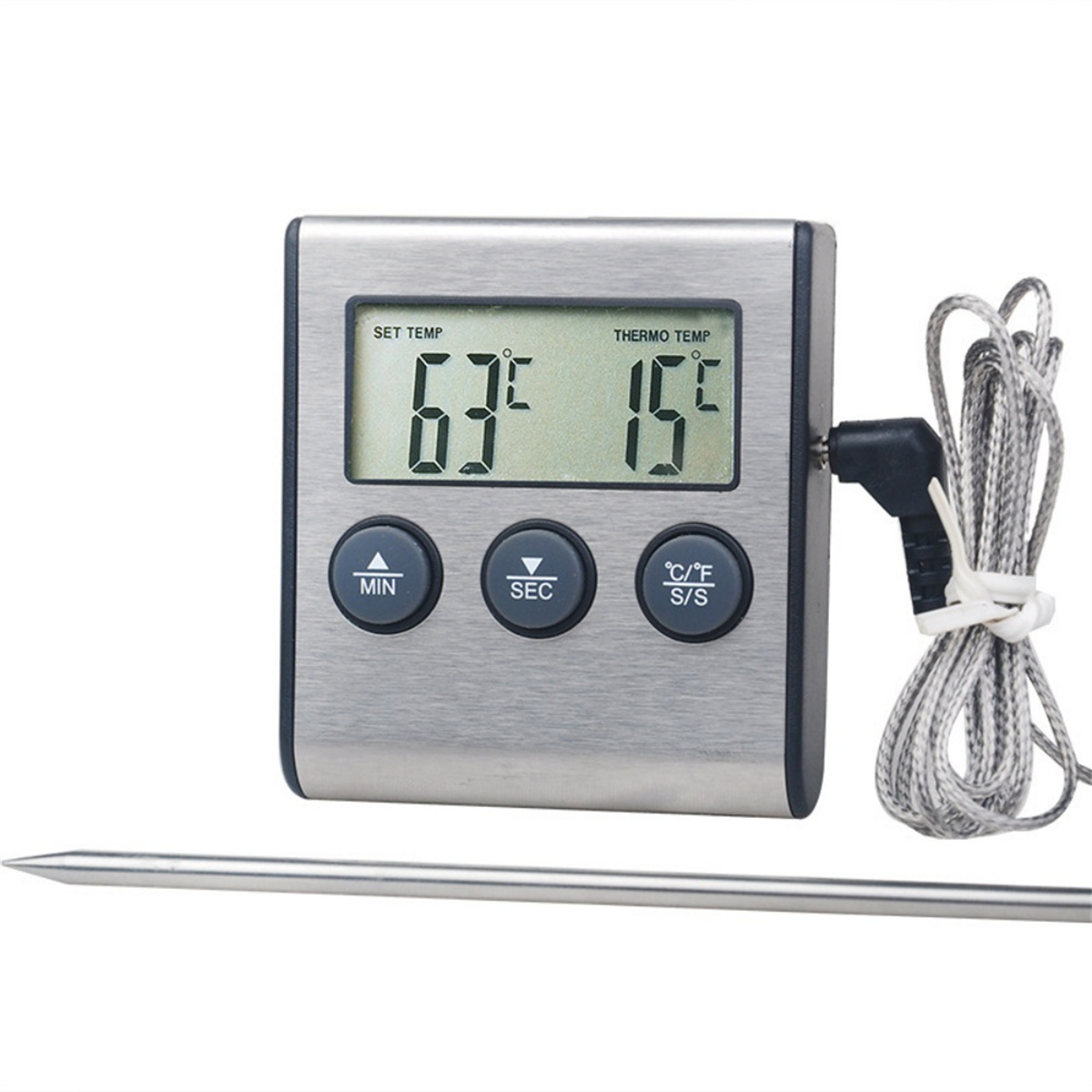 Digitales Thermometer mit 63°F und 15°F. Silbernes Gehäuse, schwarze Knöpfe und eine Sonde.