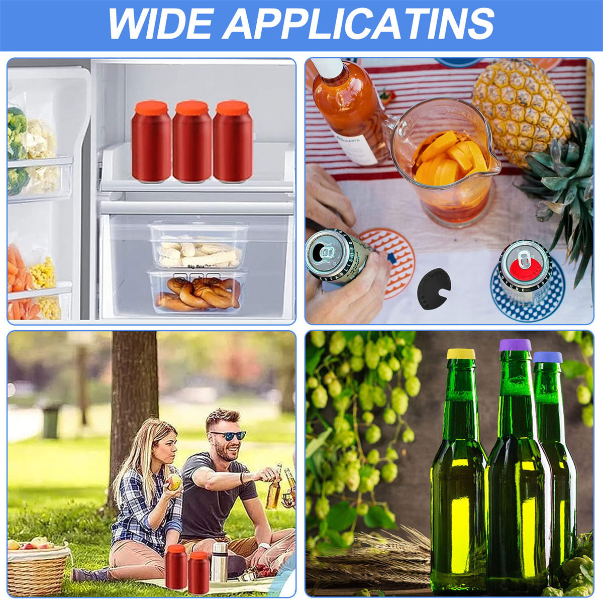 Collage mit Szenarien für Essen und Trinken: Kühlschrank, Picknick, Getränkezubereitung und Getränke.