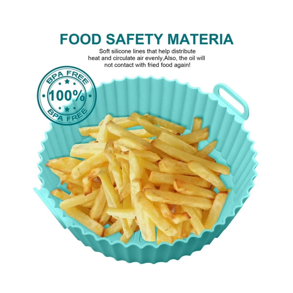 Blauer Silikon-Airfryer-Einsatz mit Pommes. Der Einsatz ist mit BPA-frei gekennzeichnet.