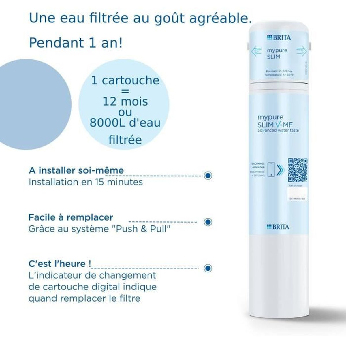 Filtro acqua Brita mypure SLIM. Testo francese, dettagli su utilizzo e sostituzione.
