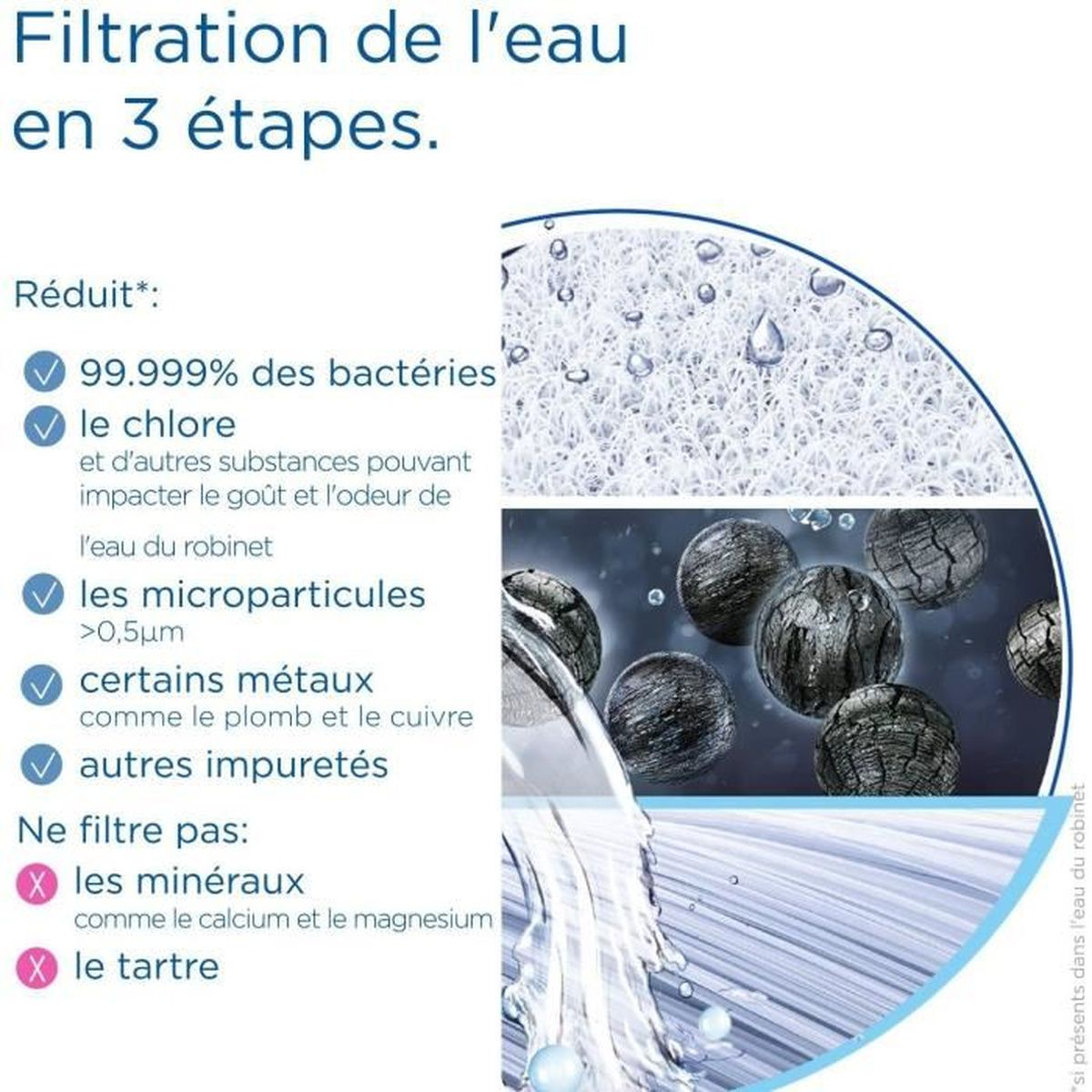 Un grafico che mostra il processo di filtrazione dell'acqua, inclusa la rimozione di batteri e minerali.