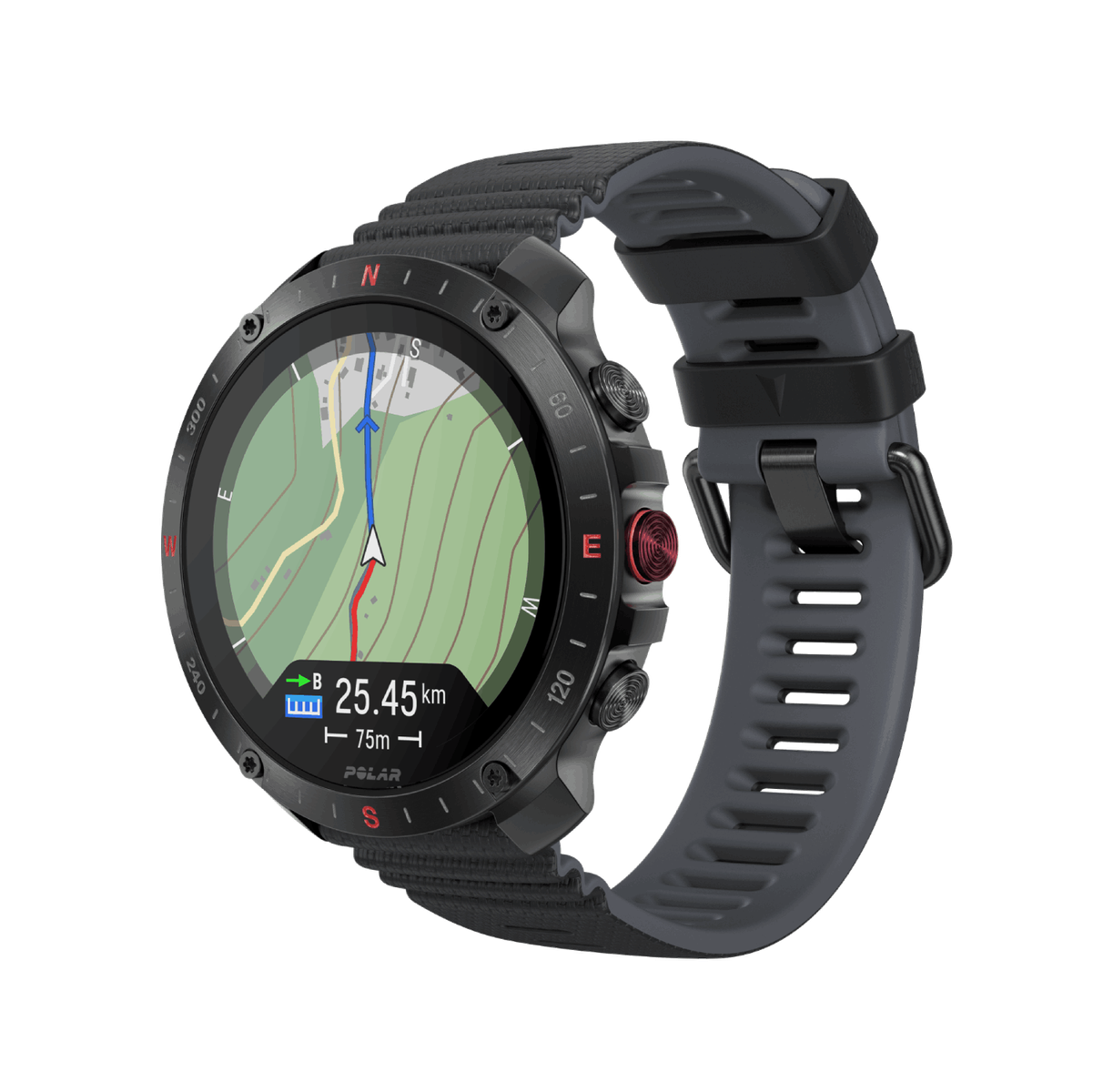 Czarny smartwatch Polar wyświetlający mapę i dane, z czarnym i szarym paskiem.