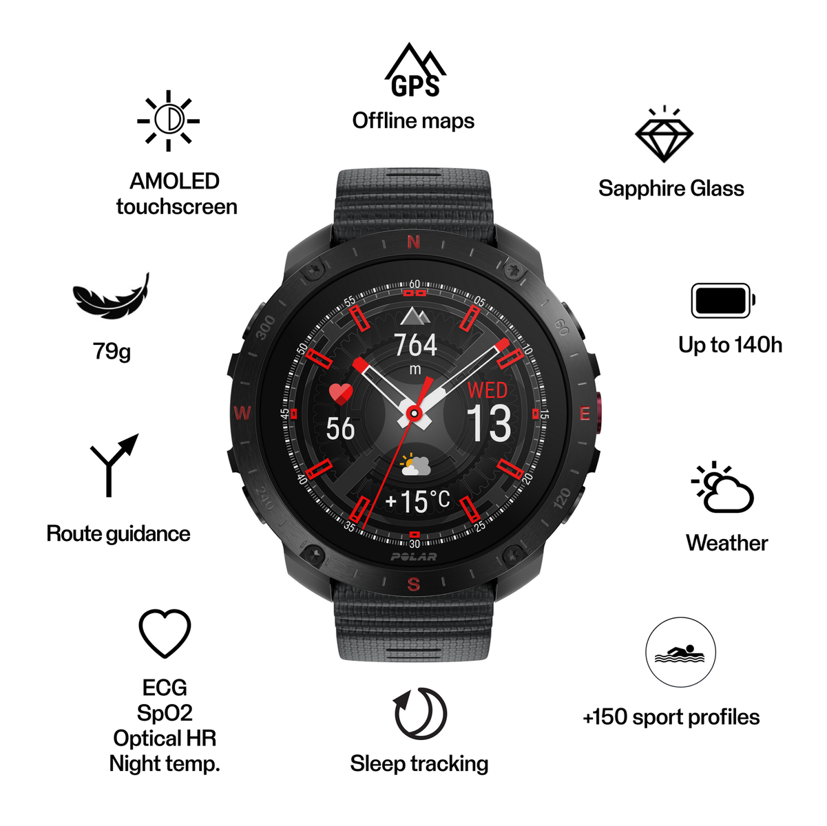 Czarny smartwatch z wieloma ikonami wskazującymi funkcje, takie jak GPS, śledzenie snu i pogoda.