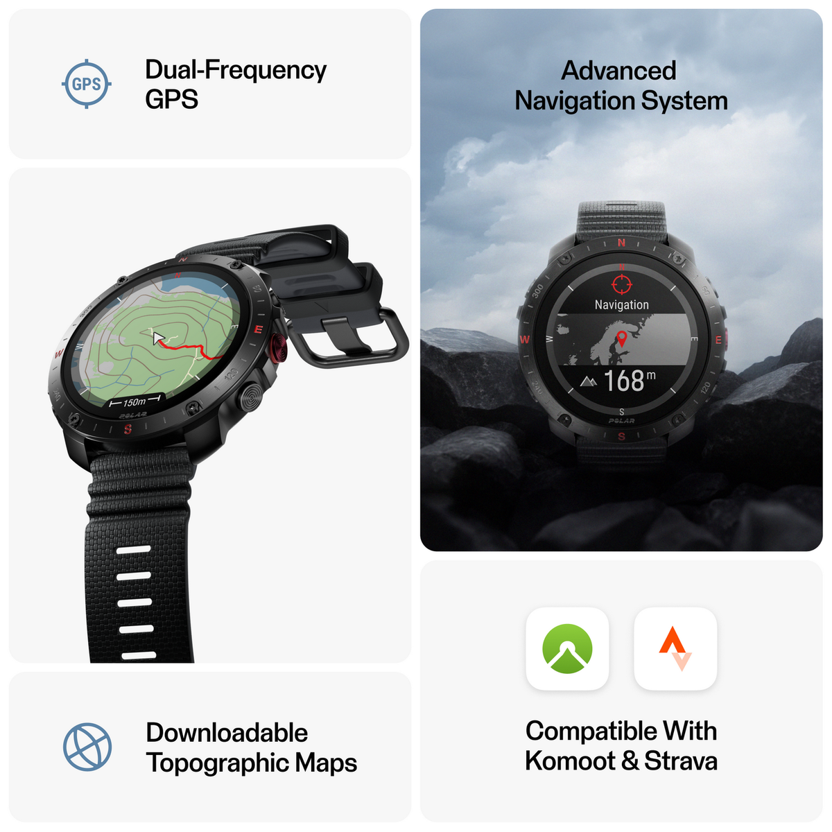 Smartwatch z mapami topograficznymi, nawigacją i kompatybilnością z Komoot i Strava.