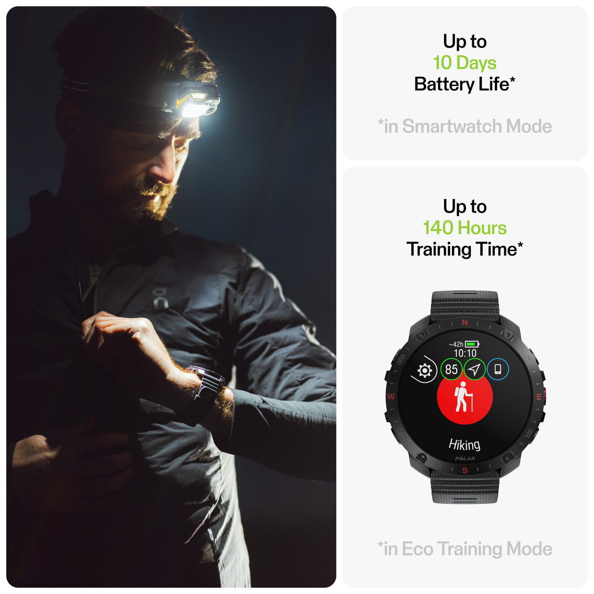 Mężczyzna z czołówką patrzy na smartwatch. Zegarek pokazuje aktywność pieszą.