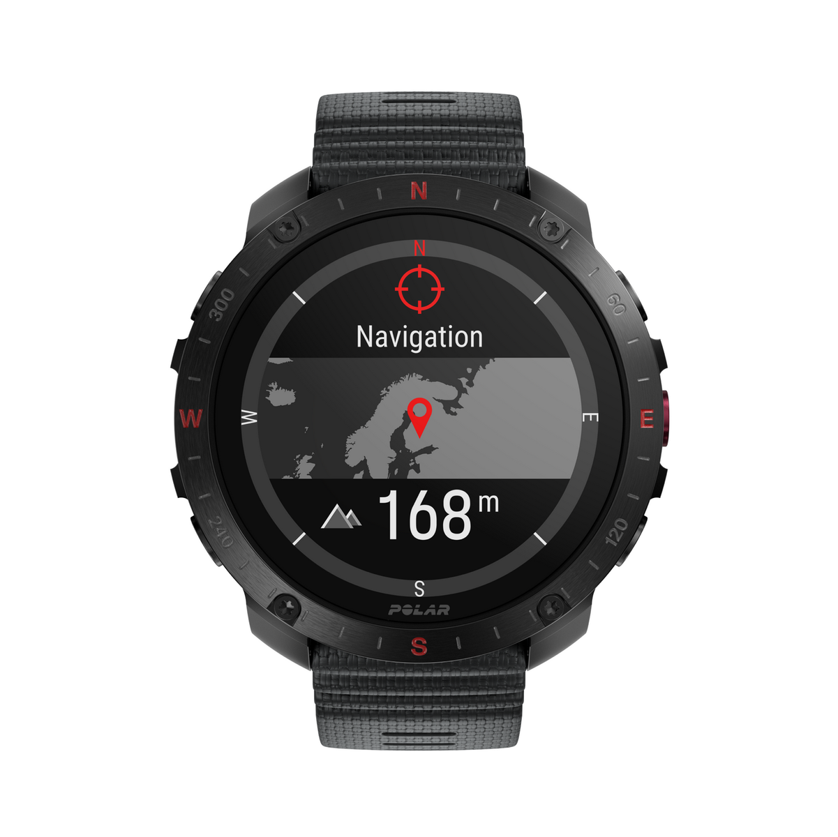 Czarny smartwatch z okrągłym wyświetlaczem. Ekran pokazuje informacje nawigacyjne. Pasek jest czarny.