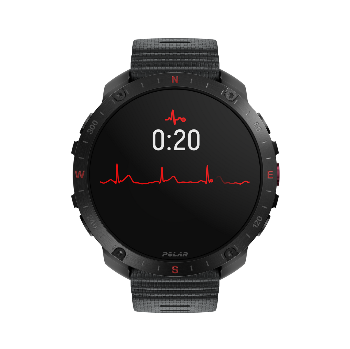 Czarny smartwatch z ekranem pokazującym wykres tętna i czas: 0:20.