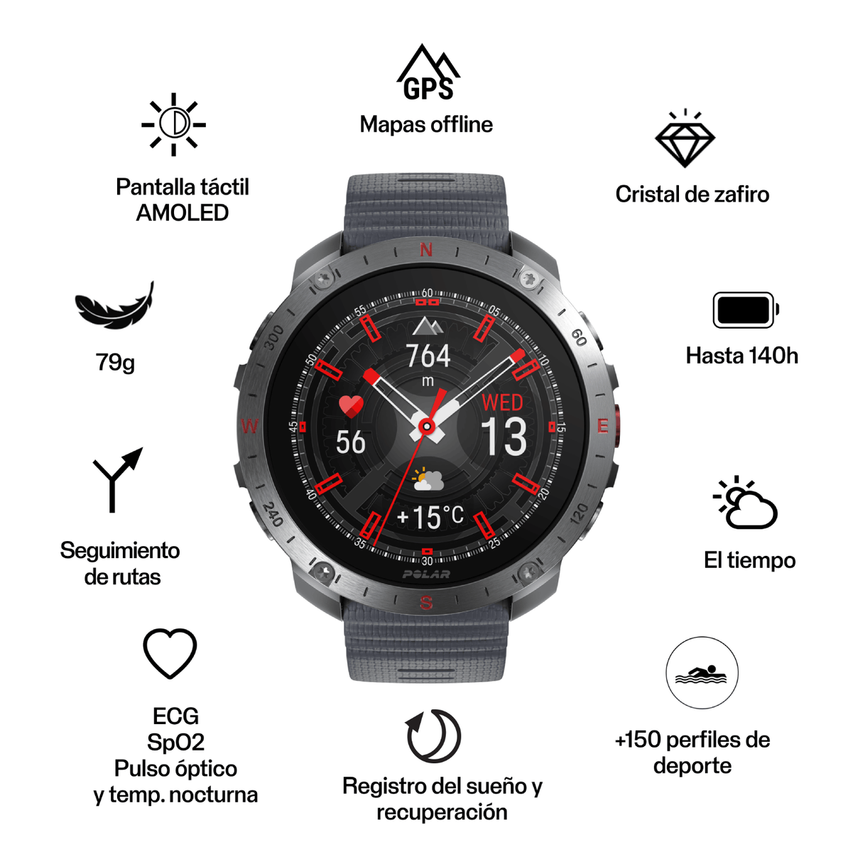 Uno smartwatch nero mostra l'ora, la frequenza cardiaca e altri dati. Le icone circondano il quadrante.