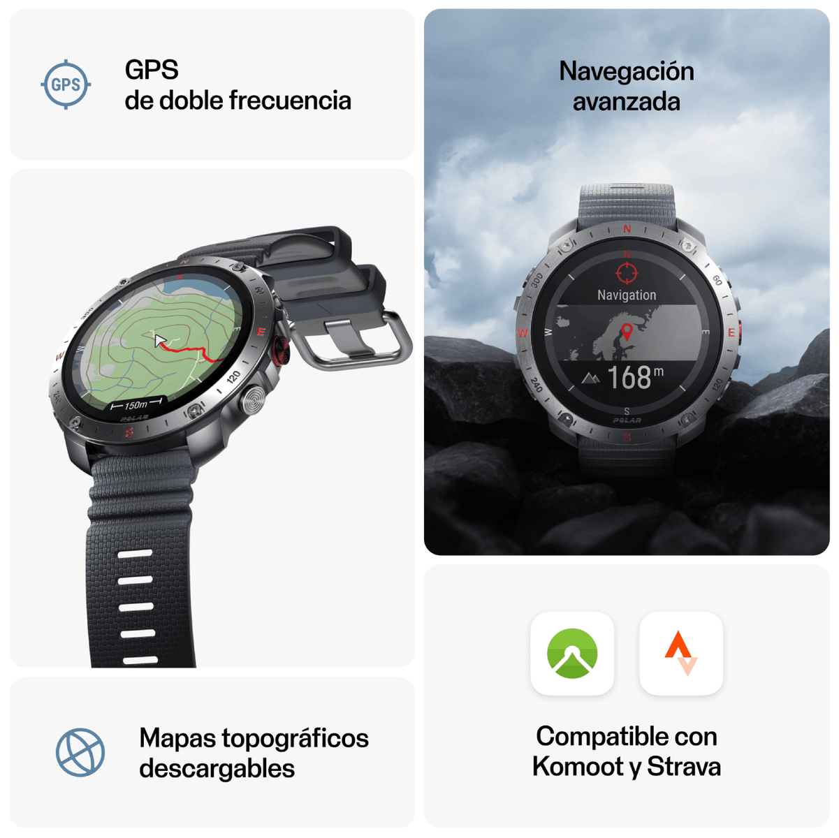 Smartwatch con mappa, GPS e mappe topografiche visualizzate.