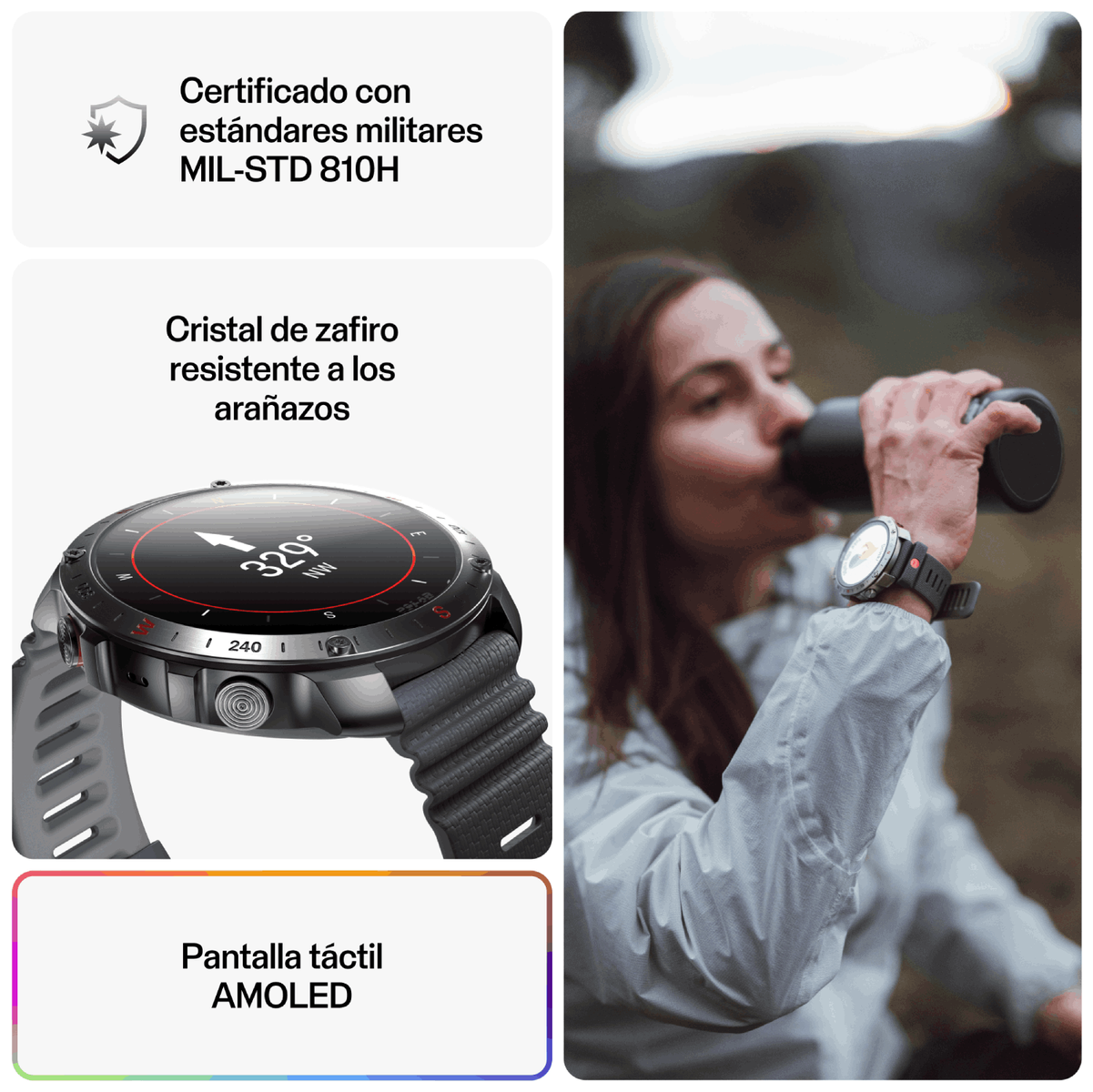 Smartwatch con quadrante nero e cinturino grigio. Una donna beve da una bottiglia mentre lo indossa.