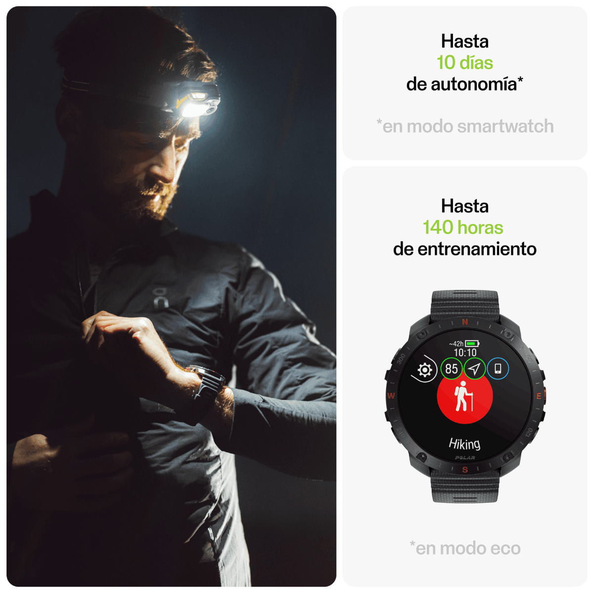Uomo con lampada frontale che controlla l'orologio. L'orologio mostra icona e dati di trekking.
